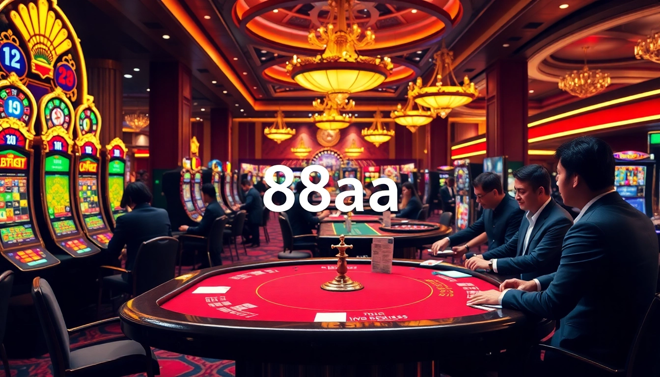 Gamblers enjoying a thrilling game of poker at 88aa casino tables, surrounded by vibrant decorations.