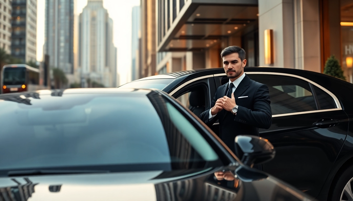Chauffeur Services near me with a professional chauffeur adjusting his suit beside a luxury sedan.