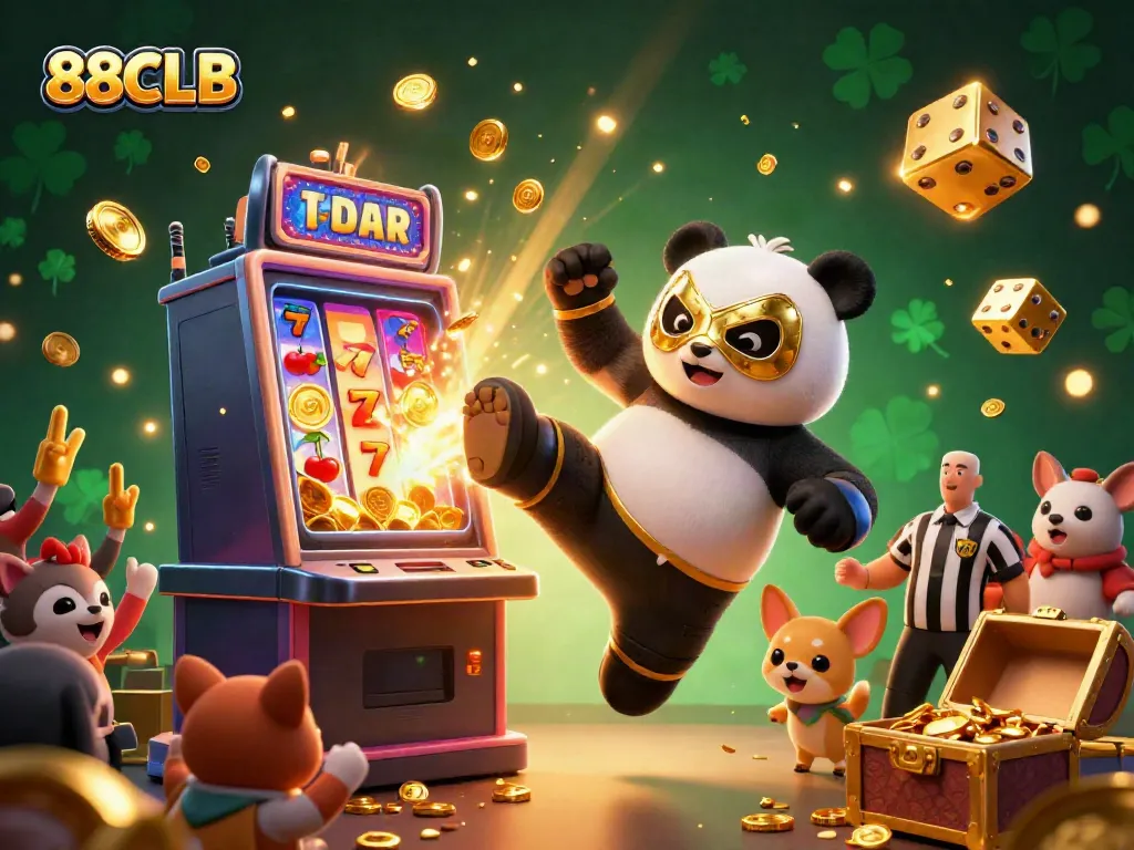 Experience the excitement at 88CLB with a vibrant 3D scene showcasing a panda wrestler and a referee amidst a jackpot.