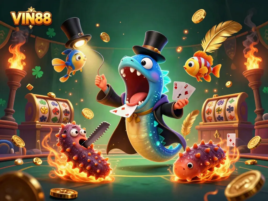 Experience thrilling card tricks with VIN88's magical sea creatures in a vibrant casino setting.
