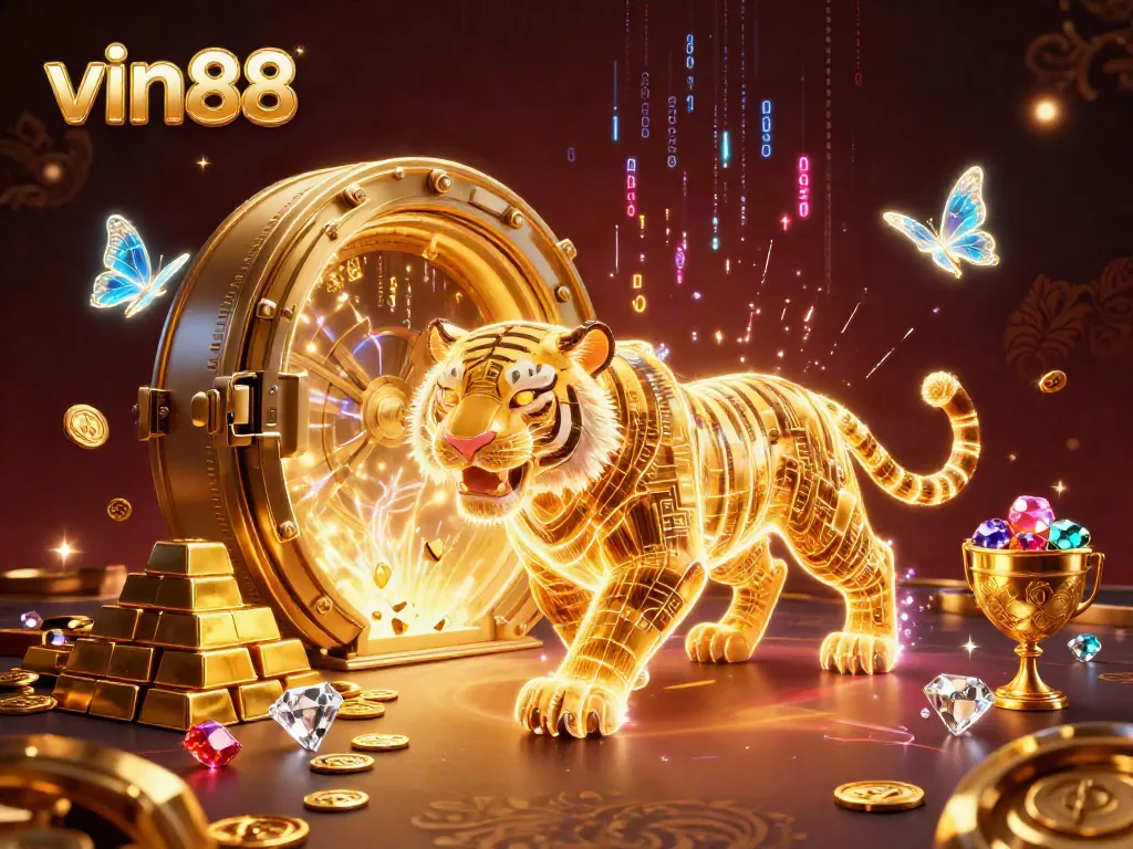 Experience the thrill of vin88 in this vibrant digital casino scene featuring a golden tiger and treasures.