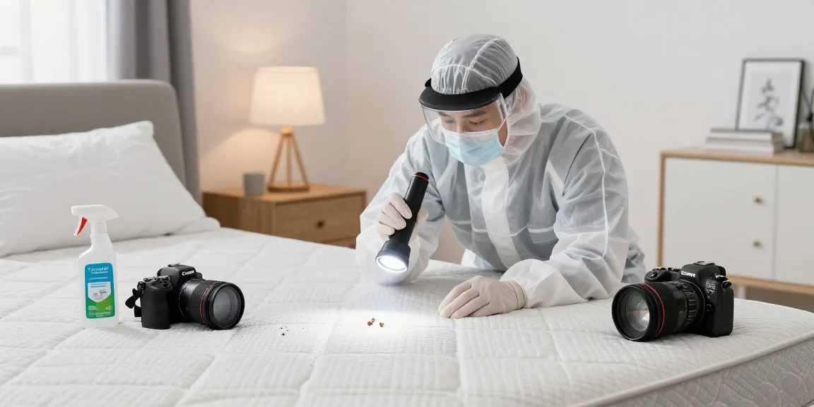 bed bug control expert inspecting mattress for pests in a clean, modern bedroom