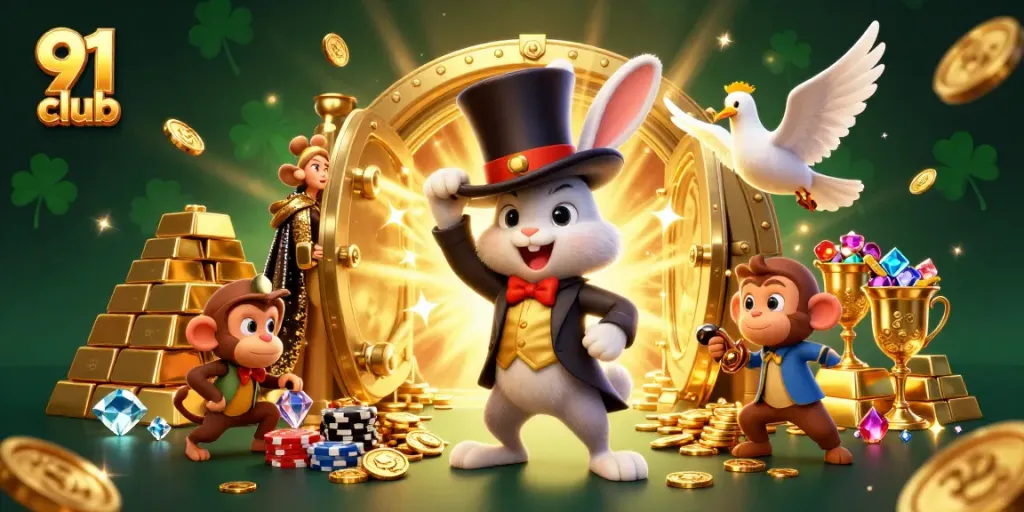 Experience the thrill of winning with 91 club's vibrant 3D casino illustration featuring a magician rabbit and playful characters.