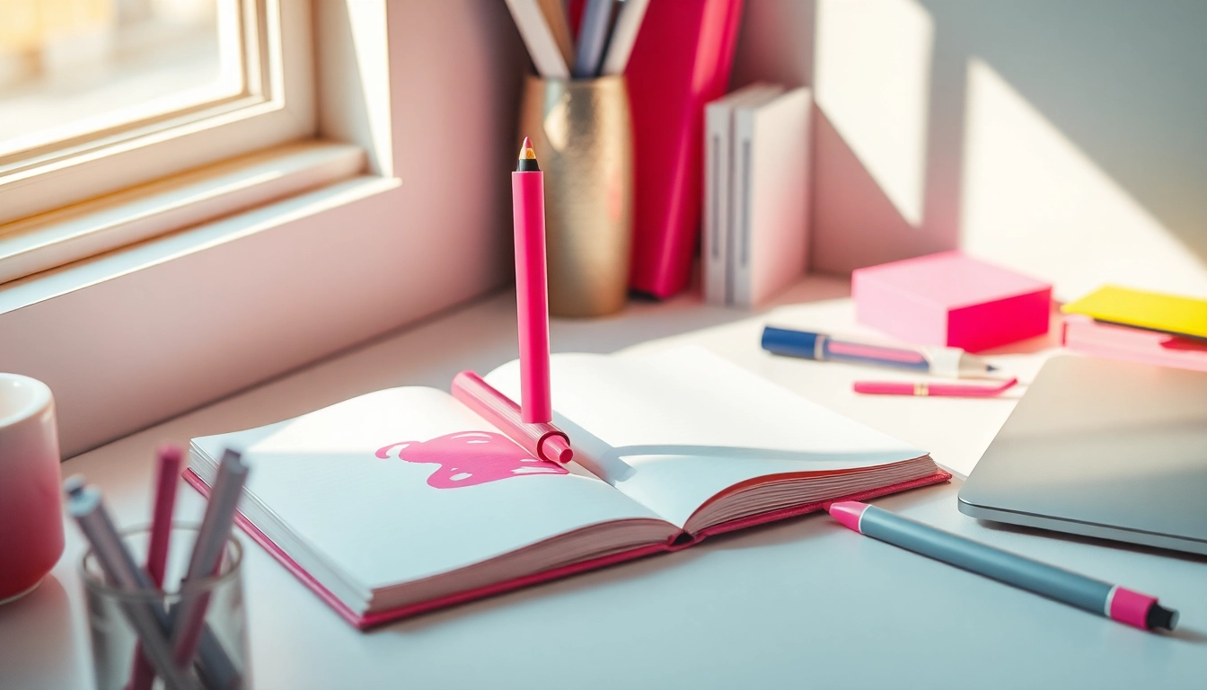 Highlight important notes with the vibrant pink highlighter pen poised on a modern desk.
