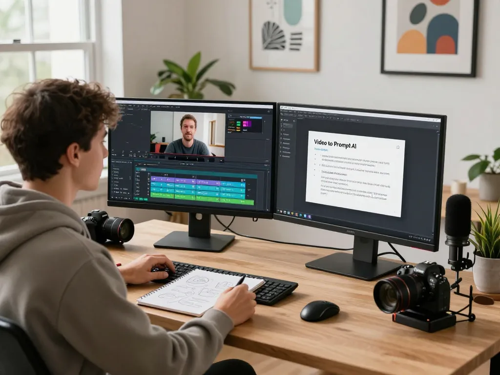 Video to prompt AI generator in use by a content creator analyzing footage in a bright digital workspace.