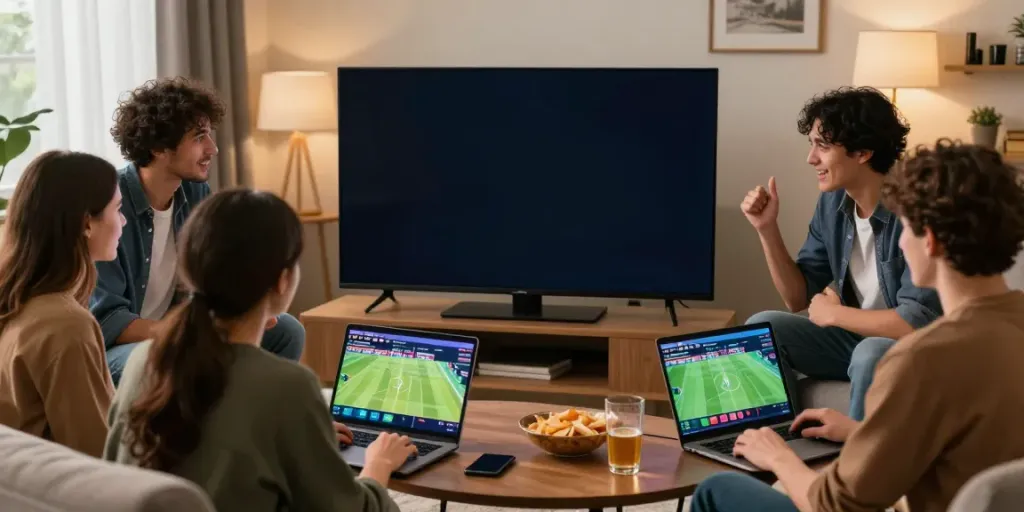 Friends enjoying sports betting at home on https://9bet.ru.com/ with laptops and snacks.