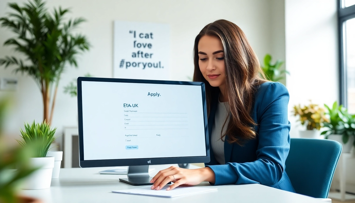 Filling out the eta uk application form on a modern computer in a bright office setting.