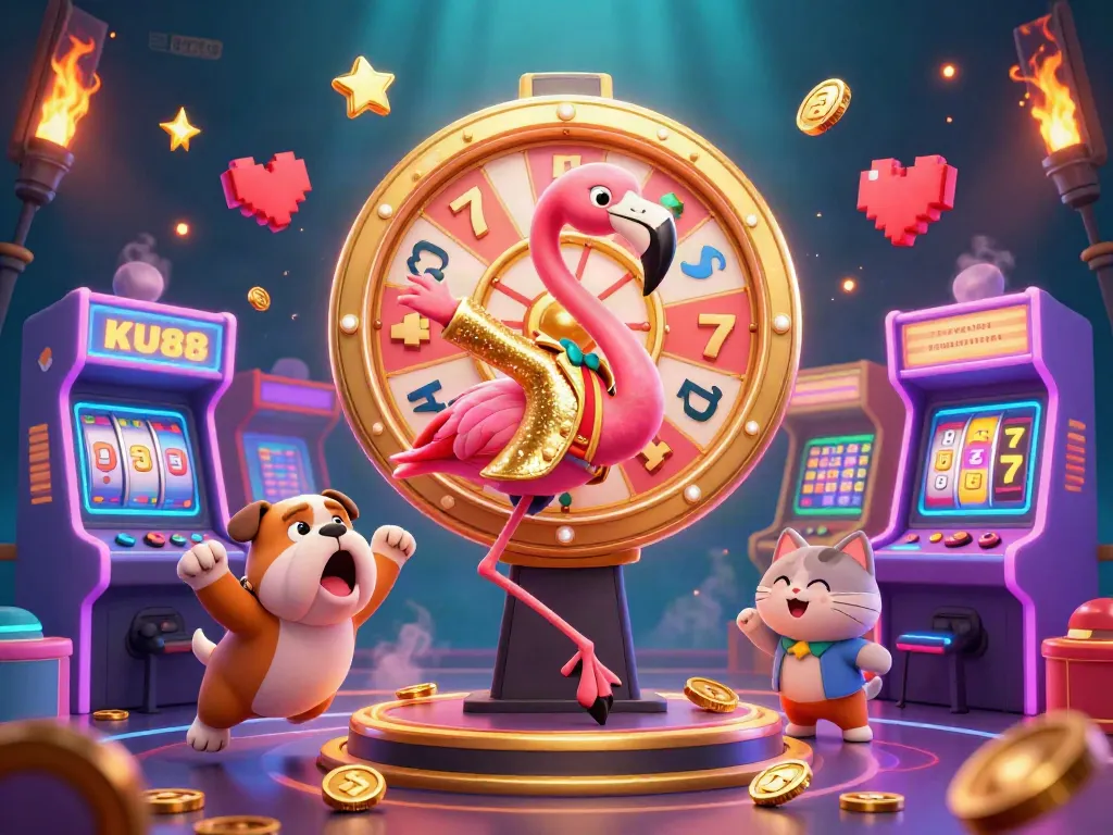 Engage with KU88's thrilling slots scene featuring a flamingo host and animated bulldog, brimming with colorful gaming elements.