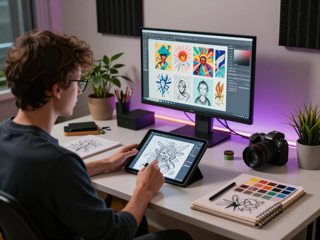 Creative digital artist working on NSFW illustrations in a modern studio