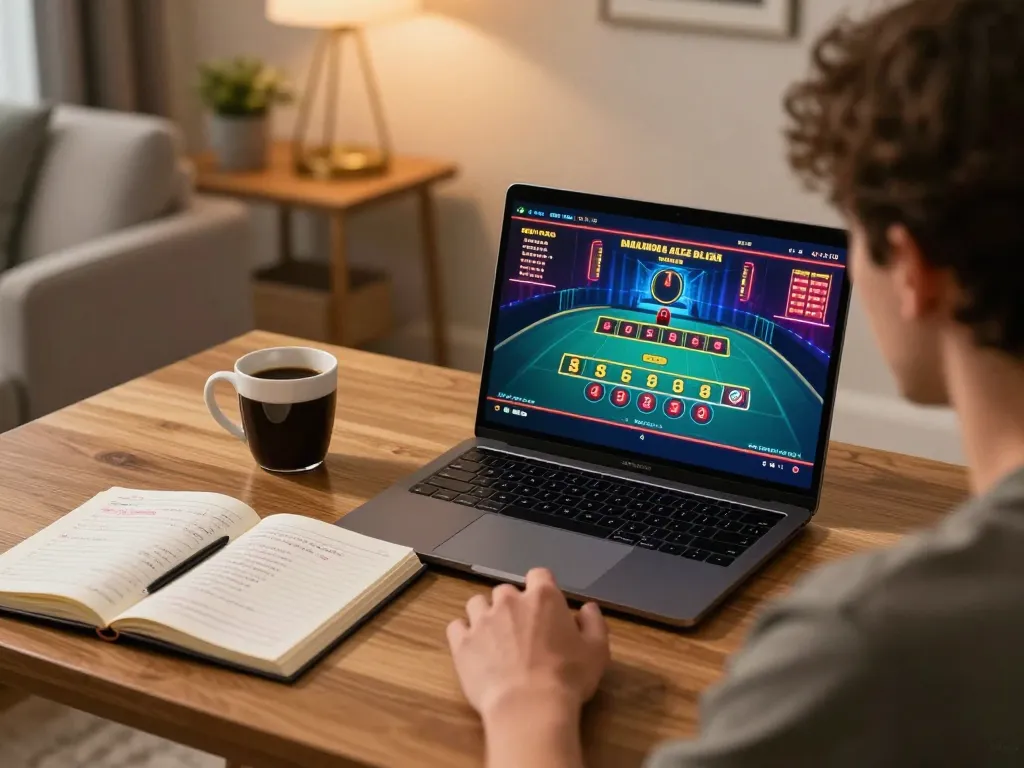 Player engaging in live dealer baccarat on kwin's platform with strategic notes and cozy setup.