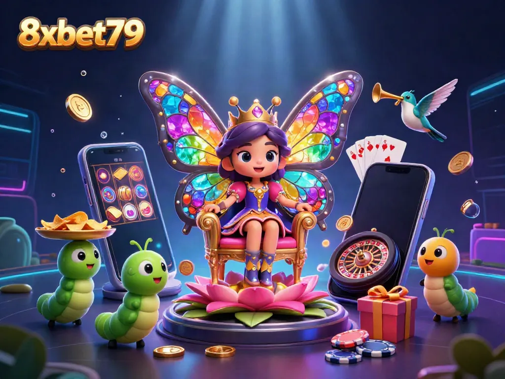 Spin reels and win big with 8xbet79 in a vibrant 3D casino illustration