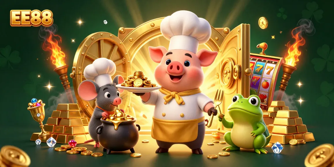 EE88's vibrant casino scene features a cartoon chef pig with gold coins, a mouse, and a frog surrounded by slot elements.