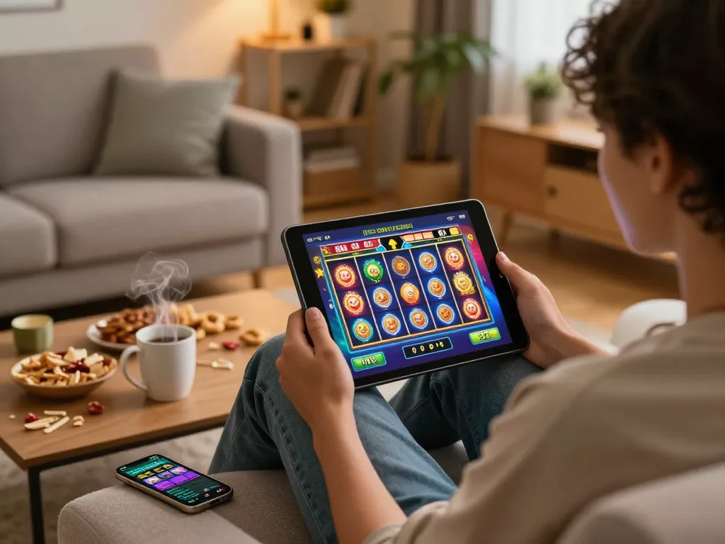Engaged player enjoying mobile gaming at nhà cái fly88 in a cozy home setting with vibrant slot visuals.