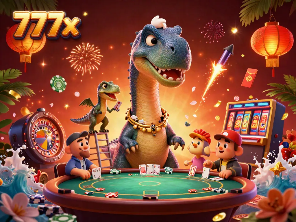 Experience thrilling gaming at 777x with lively casino elements and animated characters in a vibrant setting.