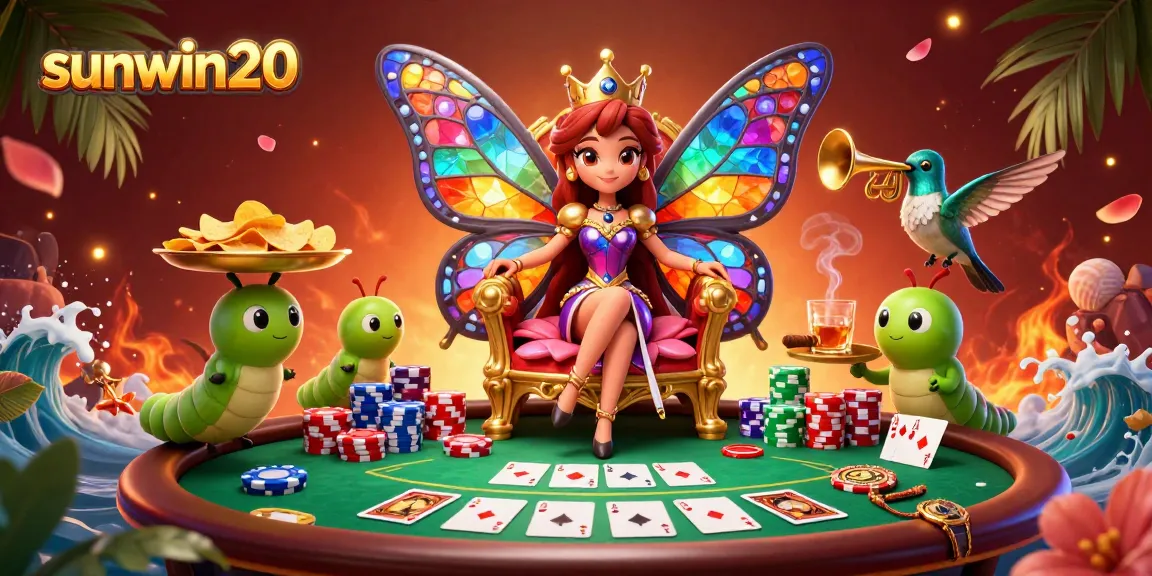 Experience luxury play at sunwin20 with a vibrant casino scene featuring a butterfly queen and poker elements.
