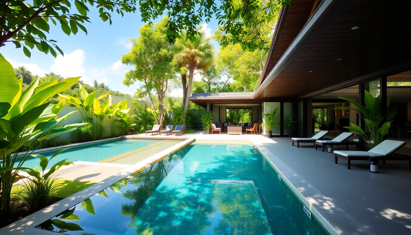 Stunning villa showcasing property management in Phuket with lush gardens and inviting poolside ambiance.