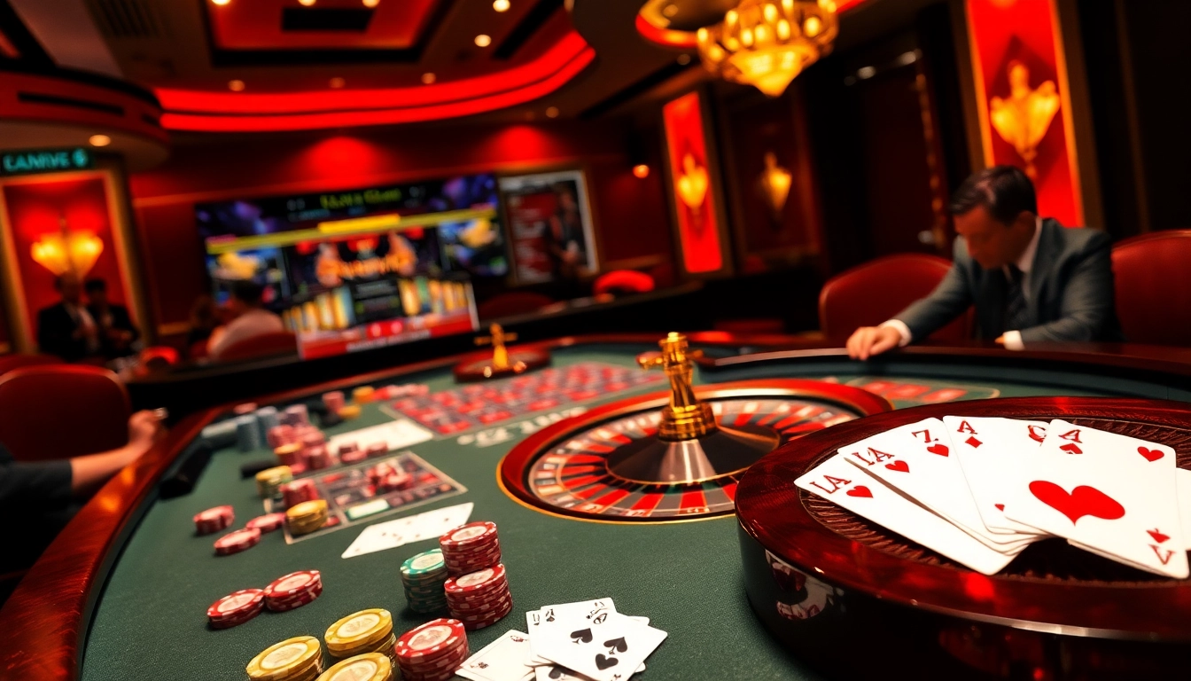 Experienced gamblers enjoy a luxurious experience at NHÀ CÁI GG88's high-stakes casino table with vibrant chips and cards.