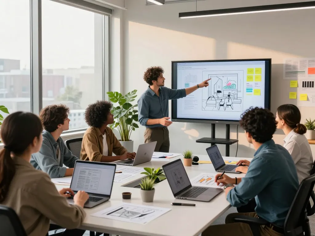 Creative professionals using an image prompt tool in a modern office.