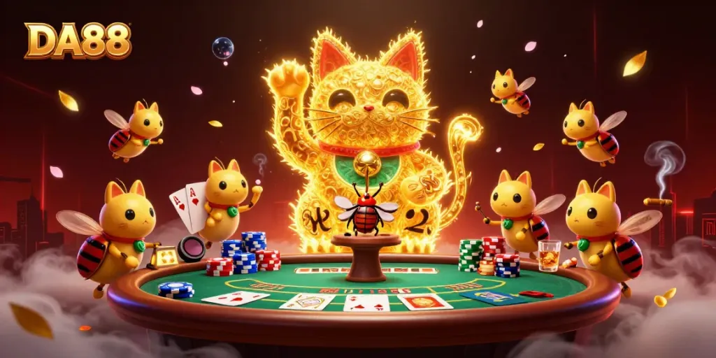Engage in the magical world of DA88 with golden fireflies, lucky cat, and vibrant casino action.
