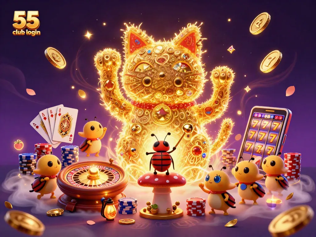 Experience fun and fortune with the 55 club login featuring a giant lucky cat in a vibrant casino!