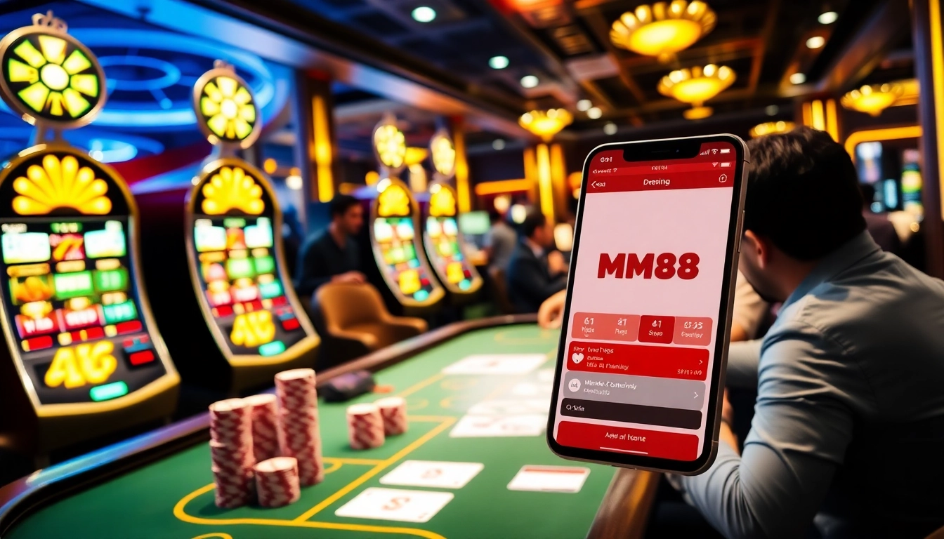 Experience the thrill of betting with MM88 at a luxurious casino table surrounded by vibrant slot machines.