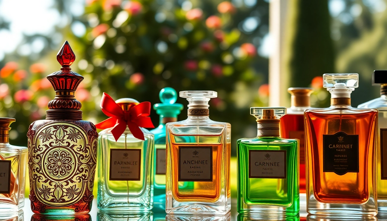 Showcase of elegant perfume bottles inspired by perfumes in vibrant garden setting.