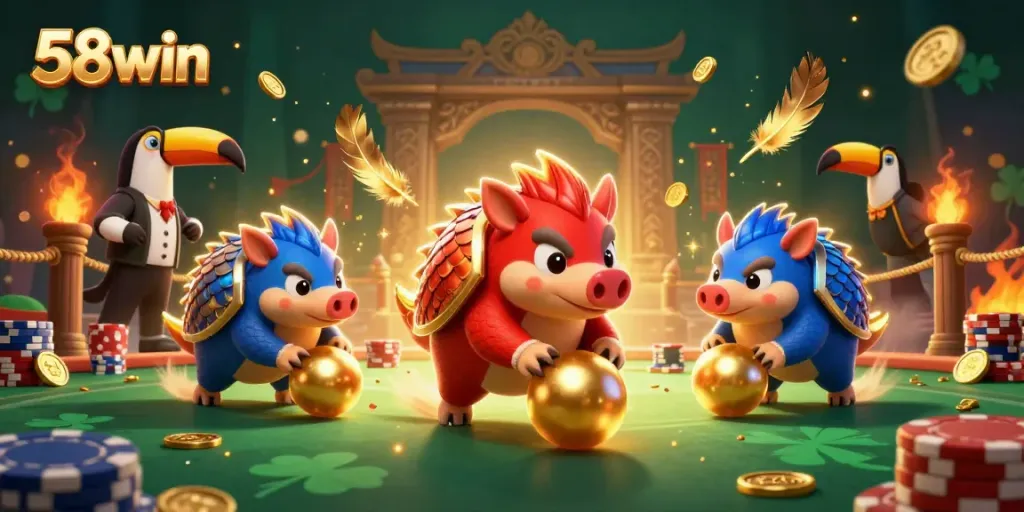 Engage in thrilling games at 58win with rival pangolins competing over poker chips and golden balls.
