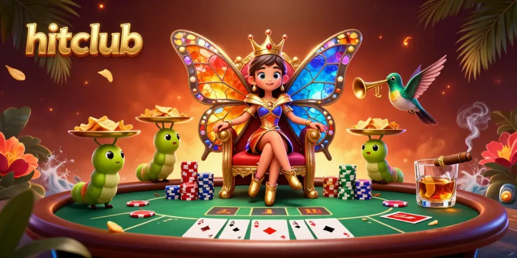 Experience vibrant gameplay at hitclub with a butterfly queen overseeing a lively poker scene filled with colorful chips.