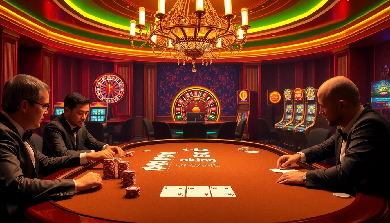 Experience excitement at an okking poker table with vibrant chips and cards amidst a lavish casino backdrop.