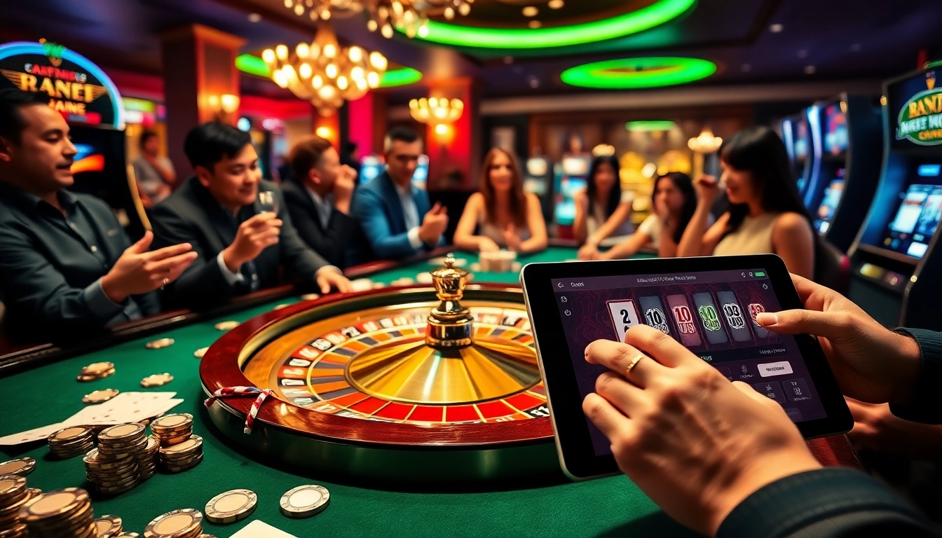 Gamblers cheering at a luxurious casino while using https://rr88sa.com/ for online betting.