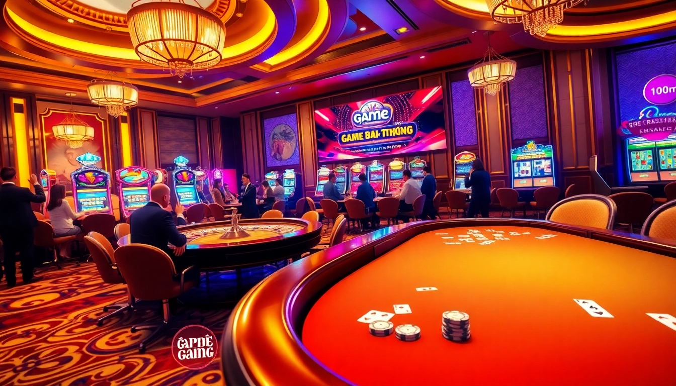Engaging scene of players enjoying game bài đổi thưởng at a lively casino, featuring roulette and poker tables.