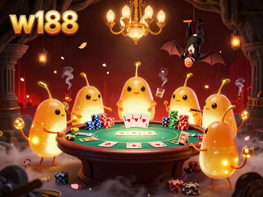 Experience thrilling casino action with w188 in a vibrant cave setting, featuring glowworms and a bat dealer.