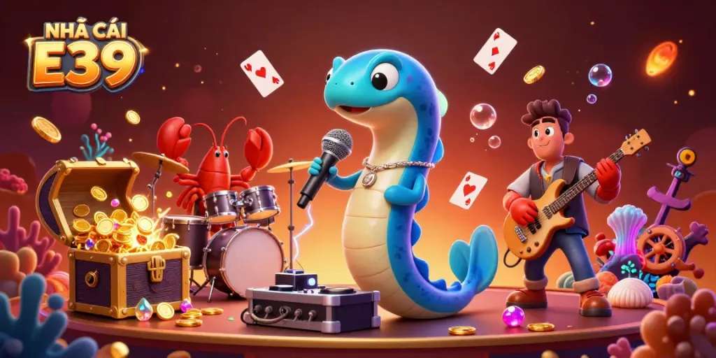 Engage with NHÀ CÁI E39 in a lively underwater casino scene featuring a DJ eel.