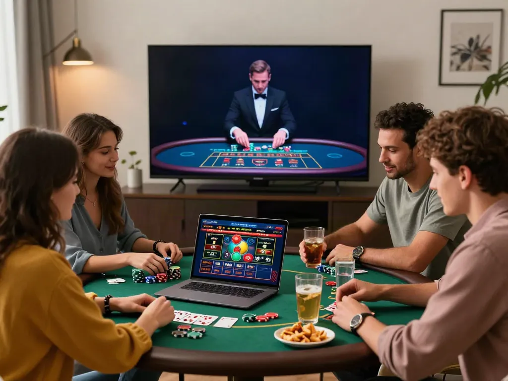 Exciting group playing casinos not on GamStop UK games on a laptop with poker chips and cards.