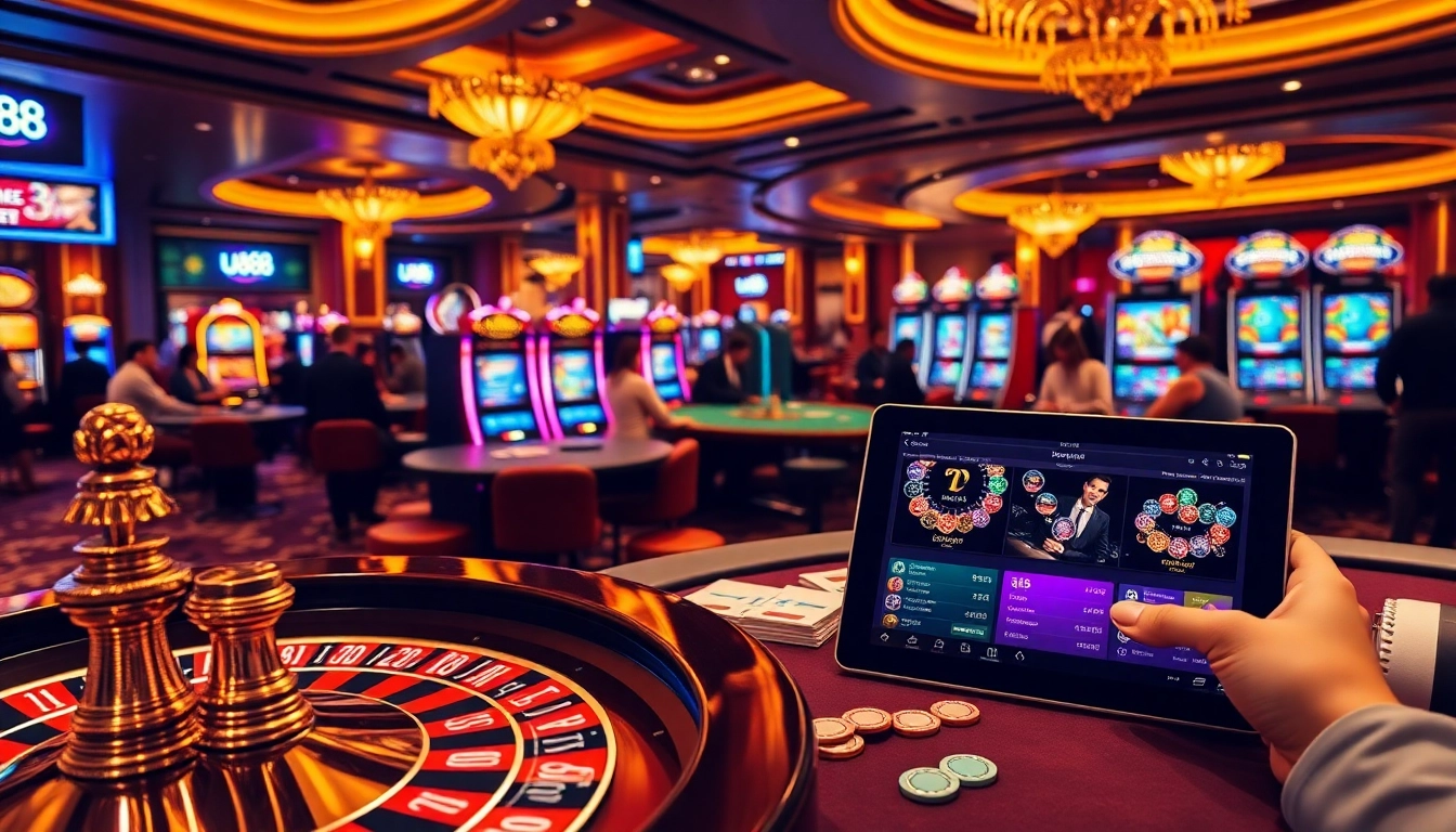 Experience thrilling gambling action at U888 with poker tables, roulette wheels, and vibrant poker chips.