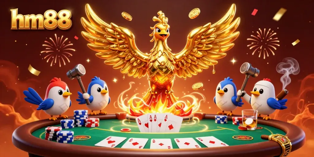 Witness the melting phoenix of wealth at hm88, surrounded by vibrant poker action and gold coins