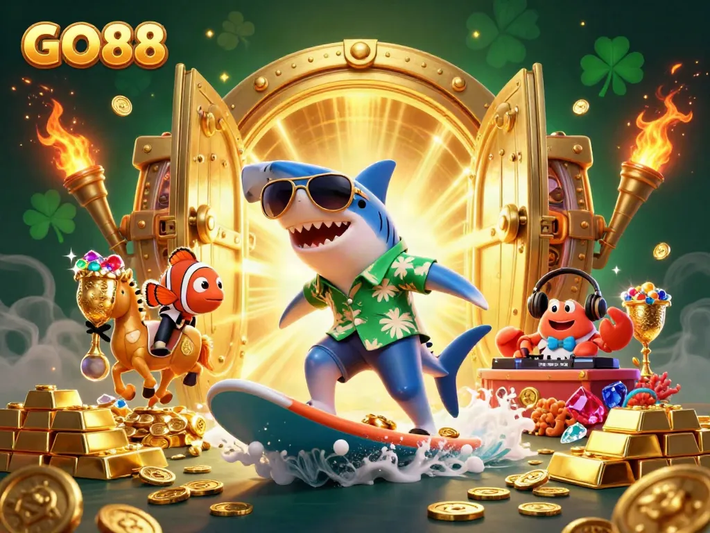 Engage in gambling fun with GO88, featuring a hammer-head shark and a crab DJ amidst treasures and gems.