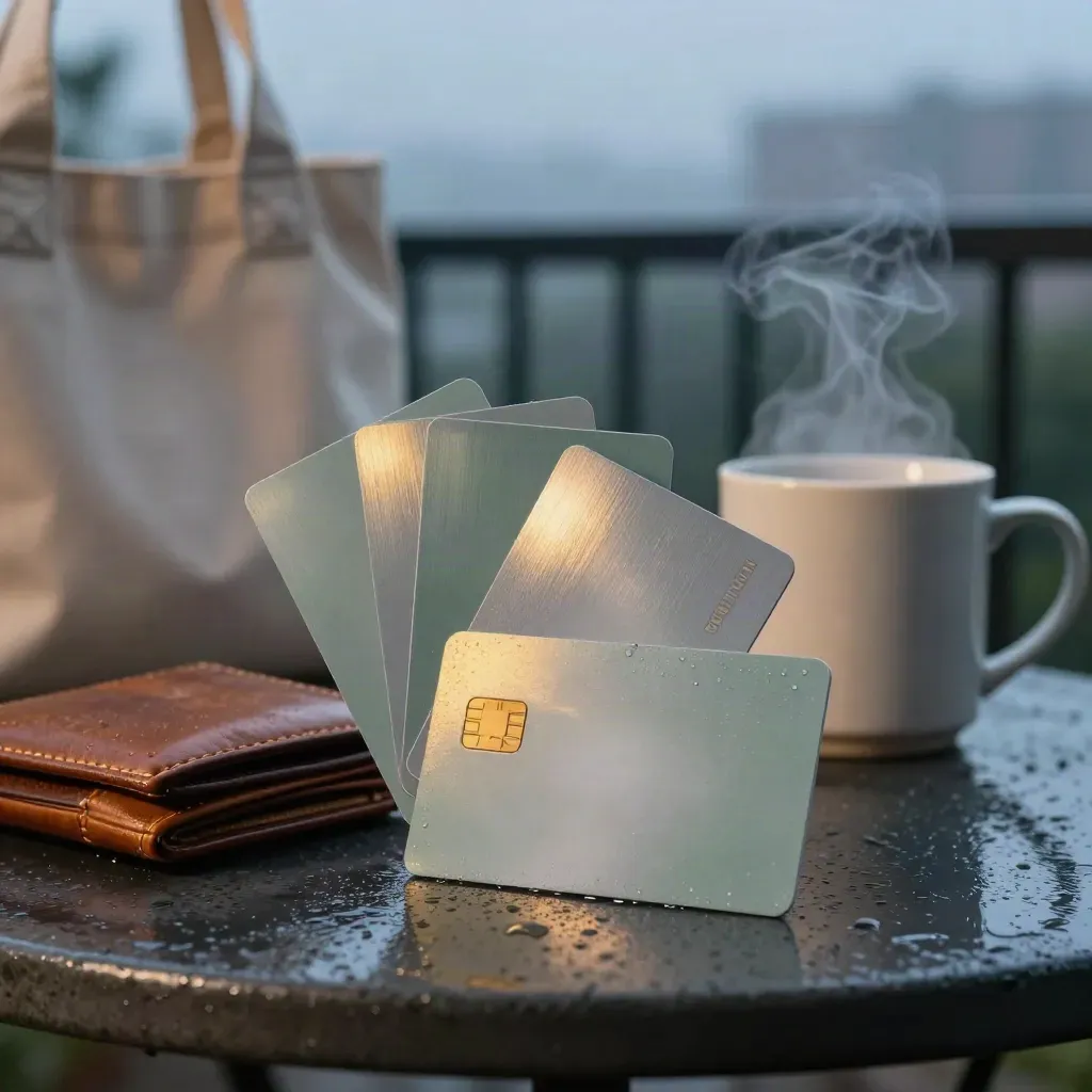Rain-beaded credit cards, wallet and travel essentials on a balcony table at blue hour.