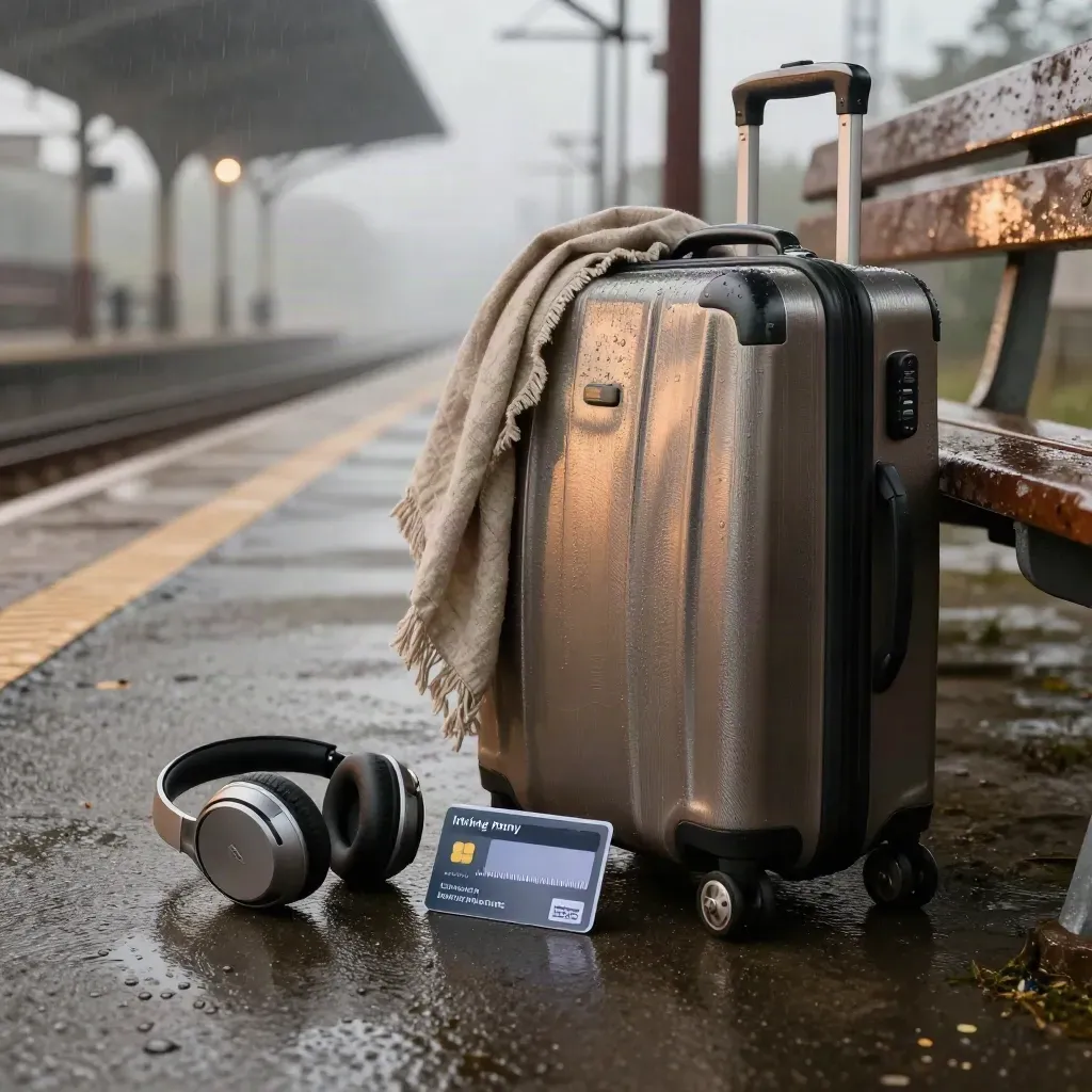 Travel rewards card, scarf, headphones case and suitcase by a misty train platform bench.