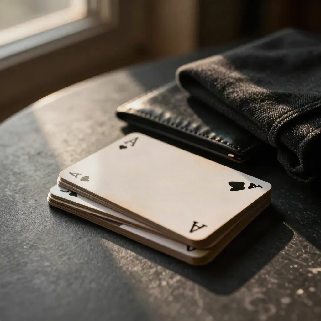 Balance-transfer cards, wallet cuff on charcoal tabletop in warm window light