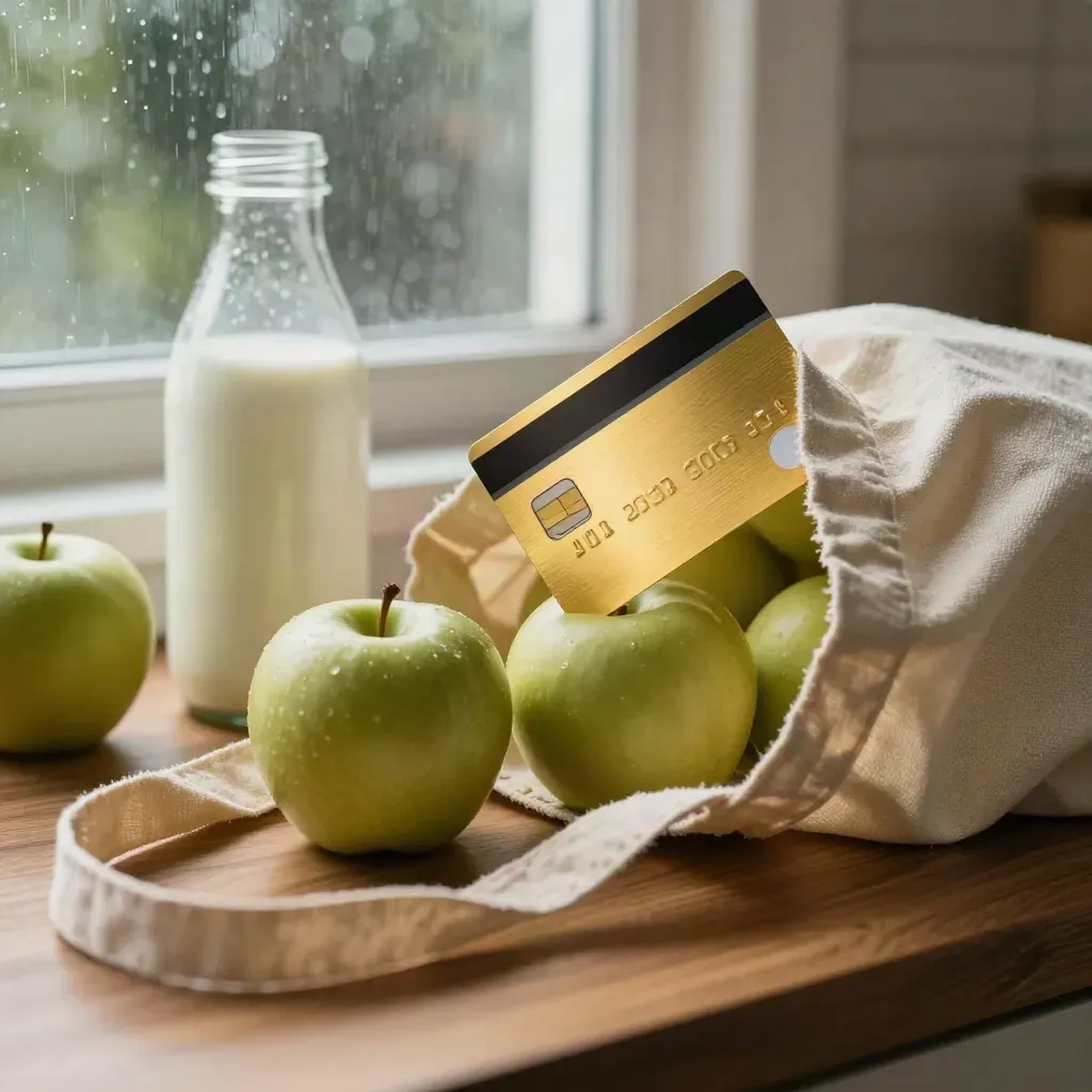 Cashback card beside apples and milk spilling from a grocery bag on a rainy kitchen counter.