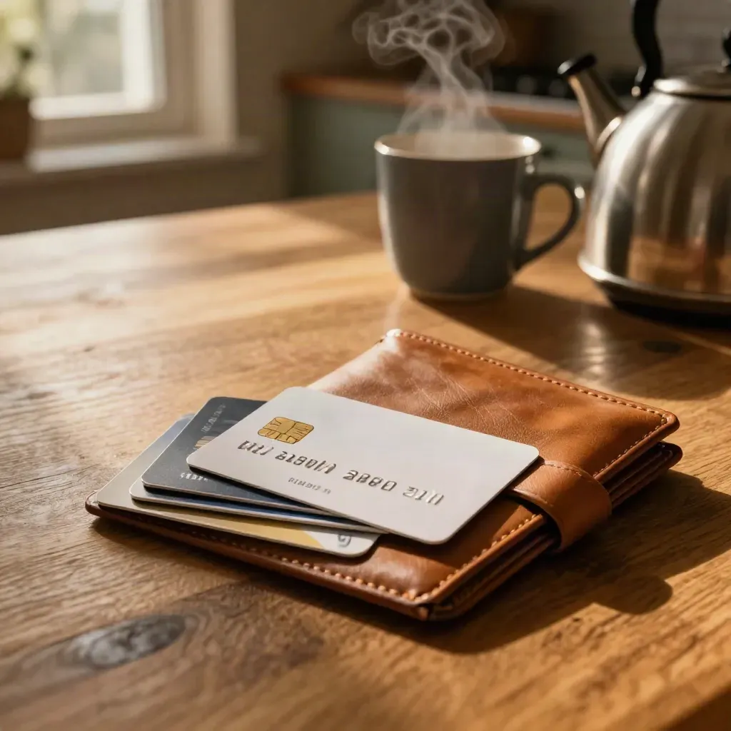 Overhead view of worn cards, a new transfer card and leather wallet on a dusk-lit kitchen table.