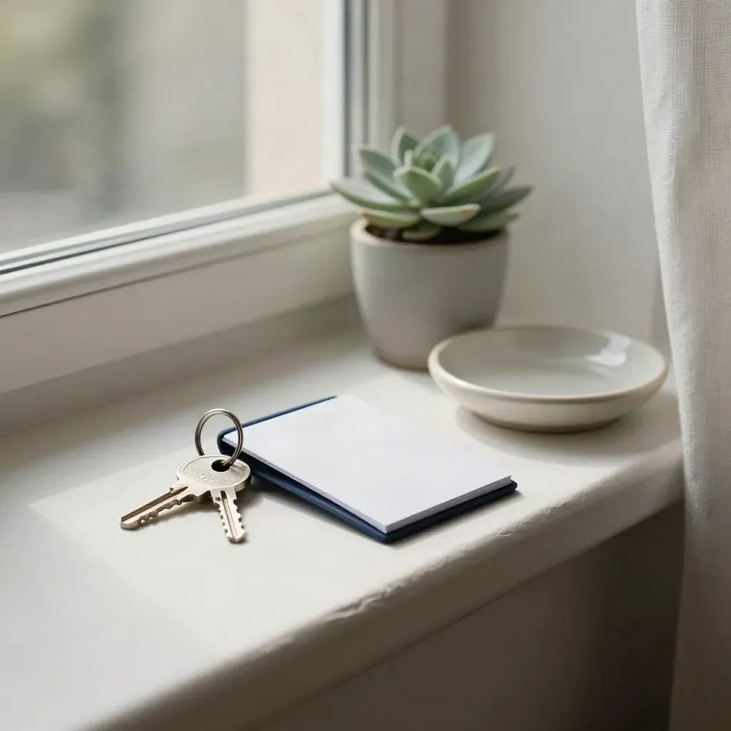 Eligibility checks still life with card sleeve, key, plant and dish on a pale window ledge
