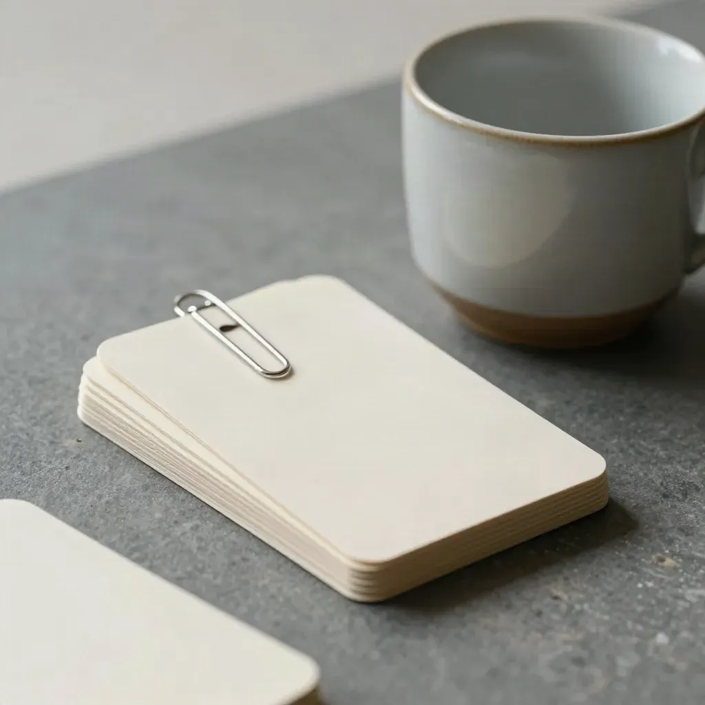 Three overlapping blank cards with a paperclip chain and ceramic cup on a slate desk.