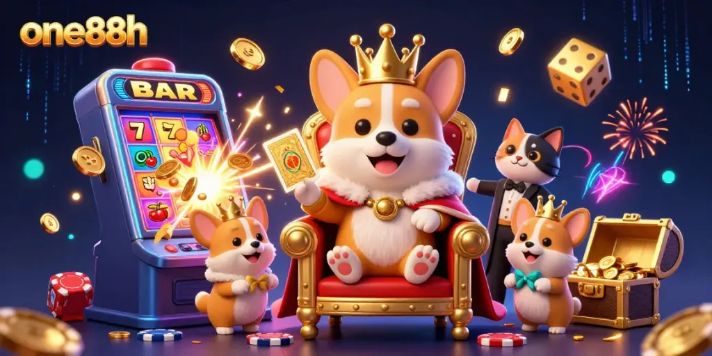 Experience thrilling games at one88h with a corgi king amidst a vibrant casino scene.