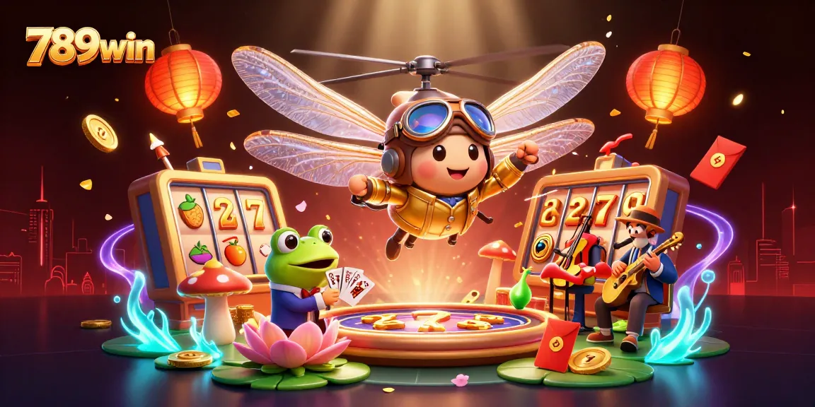 Engage with lively slots at 789win with a dragonfly pilot and frog croupier in a vibrant casino scene.