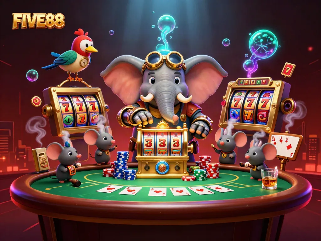 Experience the thrill of FIVE88 with a 3D steampunk casino scene filled with vibrant gaming elements.