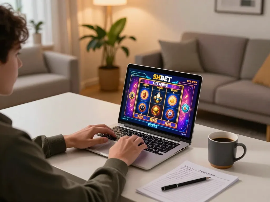 Player engaged in SHBET online casino gaming session with laptop, strategy notes, and cozy atmosphere.