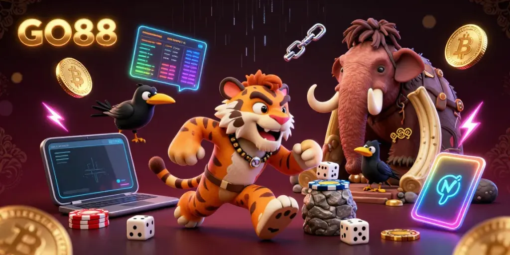 Engage in thrilling gambling adventures at GO88 with an artistic casino scene including unique prehistoric characters.