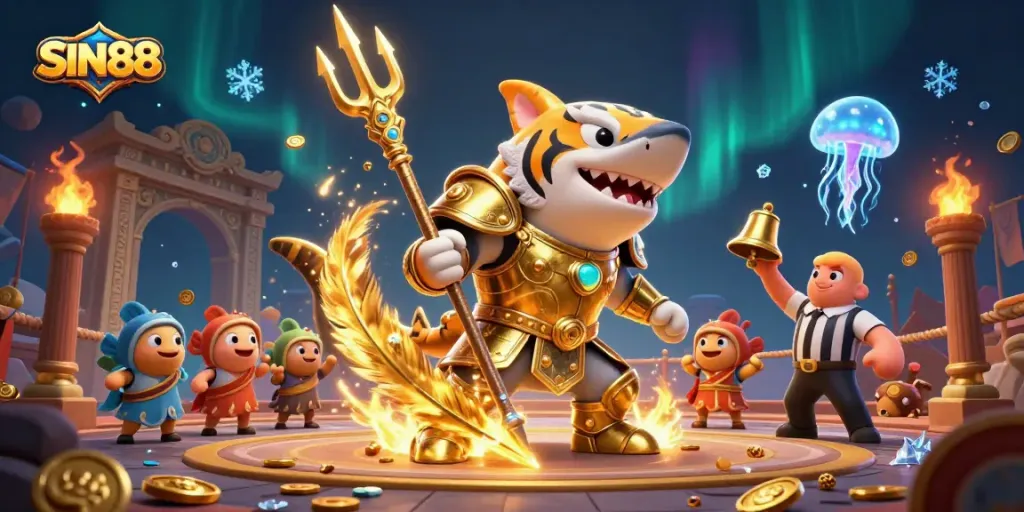 SIN88 showcases a lively underwater colosseum with a tiger shark warrior, thrilling casino action, and vibrant gold coins.
